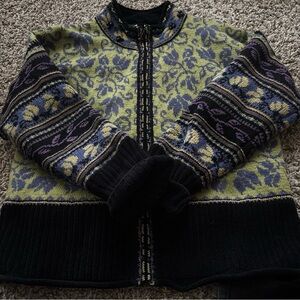 Icelandic  design wool blend floral  Patterned Cardigan - Black, Green, Purple